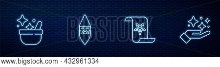 Set Line Ancient Magic Book, Witch Cauldron, Wizard Warlock And Sparkle Stars With Trick. Glowing Ne
