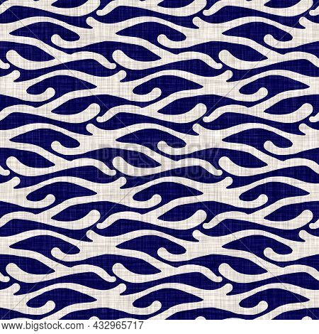 Seamless Indigo Washed Stripe Texture. Blue Woven Boro Linen Cotton Dyed Effect Background. Japanese