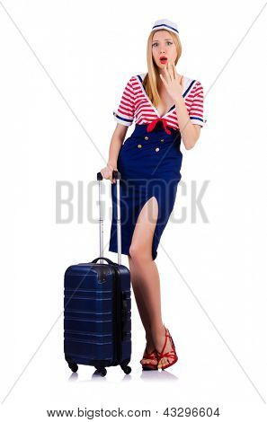 Airhostess กับกระเป๋าบนพื้นสีขาว