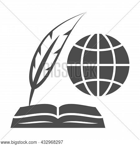 Globe, Opened Book And Feather Pen Solid Icon, Education Concept, Inernational Studies Vector Sign O