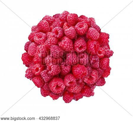 Ripe Raspberries. Sweet fresh berries isolated on white background with soft shadow. Top view close up. Organic natural food for healthy eating. Ingredient for Food Packagion Design.