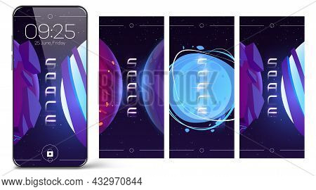 Smartphone Lock Screen With Space And Planets. Cartoon Design Of Mobile Phone Onboard Pages, Wallpap