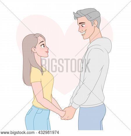Happy Couple In Love Holding Hands. Cartoonvector Illustration.