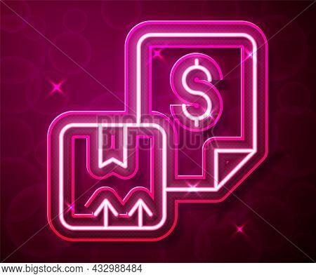 Glowing Neon Line Waybill Icon Isolated On Red Background. Vector