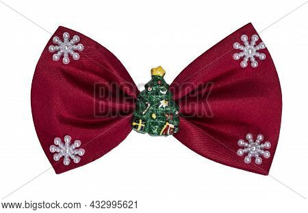 Top View Of Red Christmas Bow Tie, Isolated On White Background.