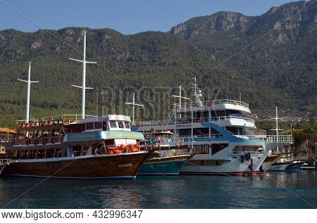 Boats and yachts at the in the marina of village Akyaka - slow city in Turkey.August 1,2021. Mugla,Turkey
