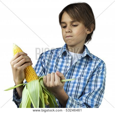 Farm Boy Husking Corn