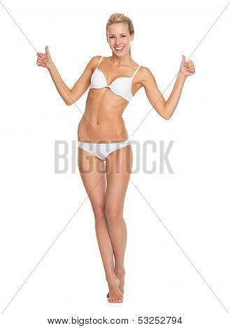 Full Length Portrait Of Happy Young Woman In Lingerie Showing Th