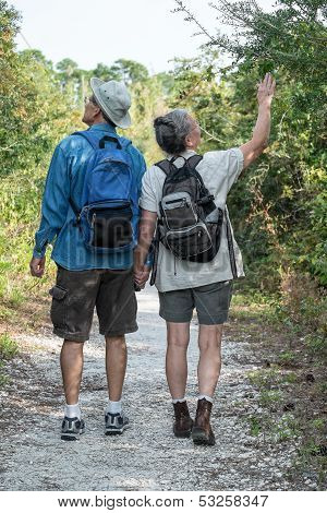 Happy Mature Couple Hiking On Nature Trail Holding Hands