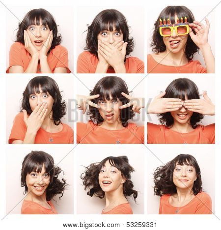 Collage of the same woman making diferent expressions.
