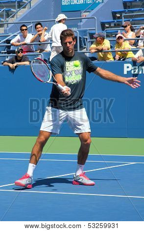 Grand Slam champion and professional tennis player Juan Martin Del Potro practices for US Open 2013