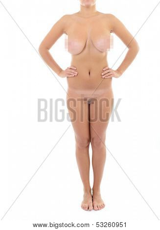 Young woman with excess weight, loss weight overweight woman standing over white