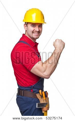 portrait of caucasian handyman isolated on white background