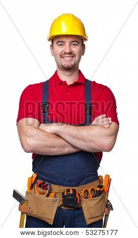 portrait of caucasian handyman isolated on white background