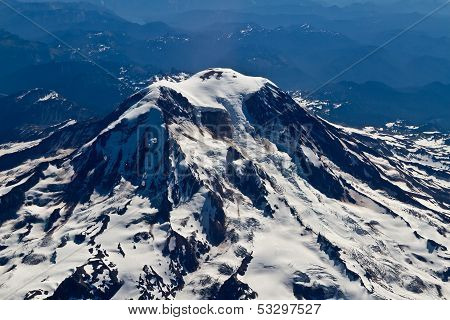 High Altitude Full Aerial View of Mount Rainier and Surrounding Area