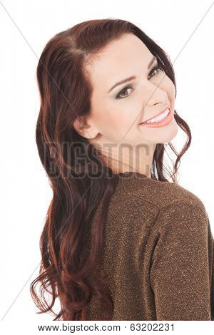 Portrait of beautiful sexy woman in brown bolero jacket. Isolated on white.