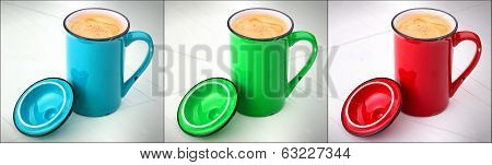 red, green and blue cup of Coffee set