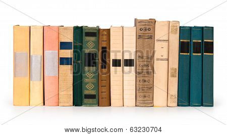 books in a row, isolated on white background,empty labels with free copy space