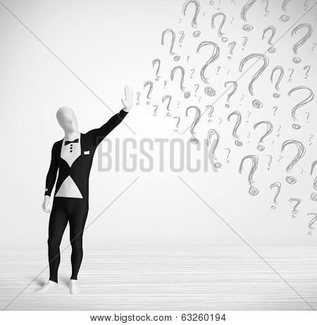 3d human character is body suit morphsuit looking at hand drawn question marks