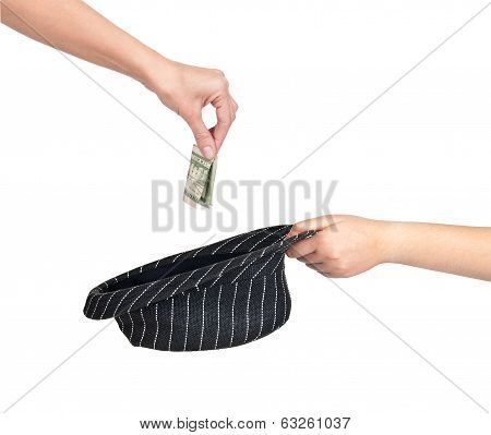 Cadger concept. Hand holding hat and wait alms isolated on white background