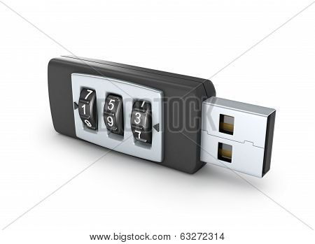 USB flash drive with combination lock, isolated on white. 3D