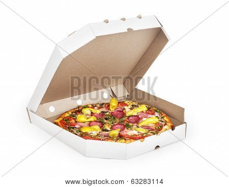 Tasty pizza with vegetables, isolated on whitec