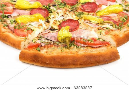 Tasty pizza with vegetables, isolated on whitec