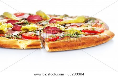 Tasty pizza with vegetables, isolated on whitec