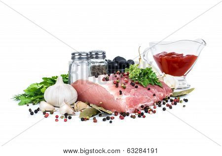 Uncooked Meat : Raw Fresh Beef Pork Rib And Fillet Ready To Cooking With Garlic And Green Stuff