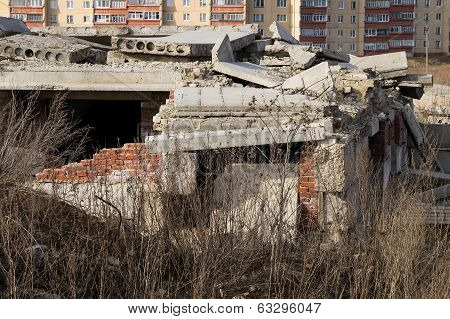 Destroyed building, debris