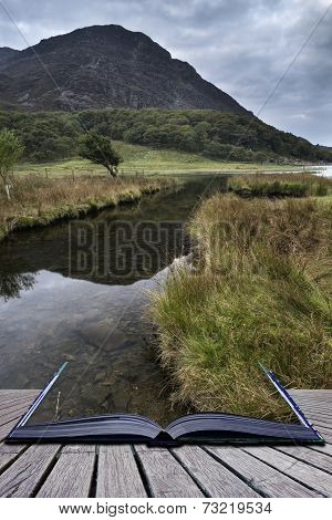 Landscape Image Of Mountain Reflected In Still Lake On Summer Morning Conceptual Book Image