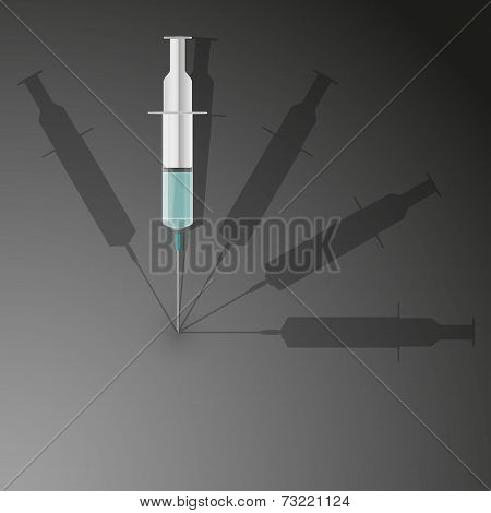 Background of addiction. Drug syringe and shadows.