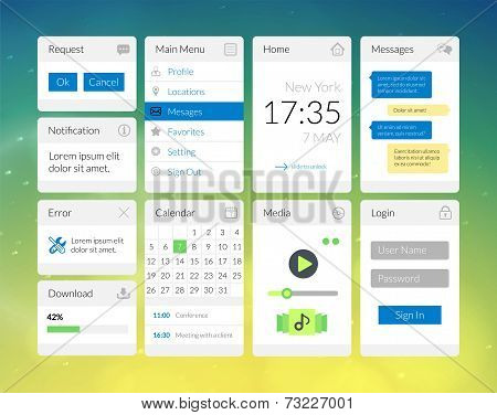 Mobile flat interface elements with colorful wallpaper, design for applications