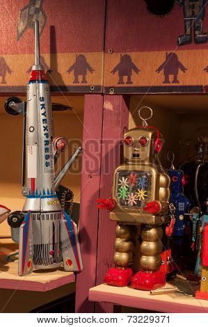 Vintage Tinplate Toys On Display At Homi, Home International Show In Milan, Italy