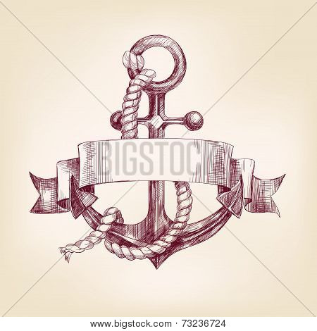 anchor with a banner hand drawn vector llustration