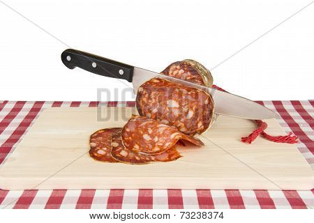 Knife Slicing A Spanish Sausage Called Morcon