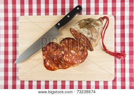 Knife Slicing A Spanish Sausage Called Morcon