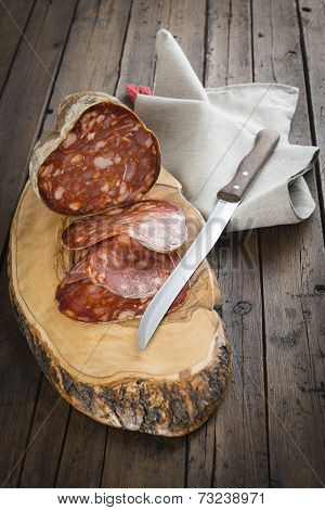 Spanish Sausage Called Morcon On A Cutting Board