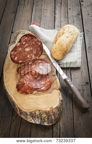 Spanish Sausage Called Morcon On A Cutting Board