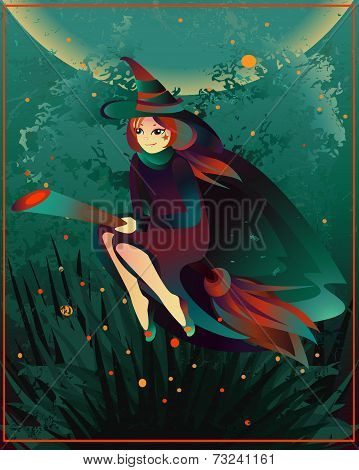 Halloween witch on a broomstick