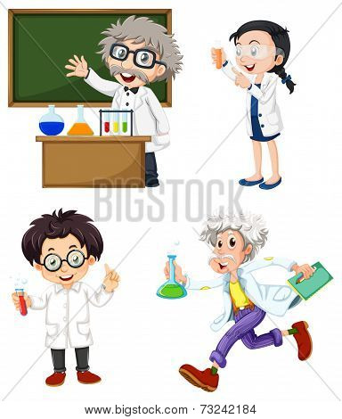 Illustration of the four chemists on a white background