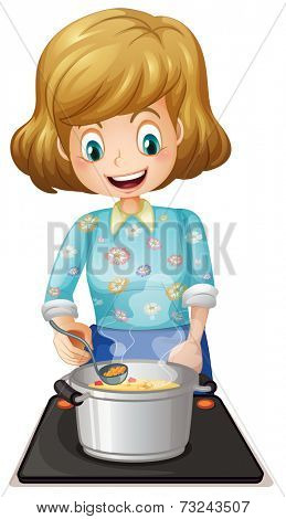 Illustration of a happy mother cooking on a white background