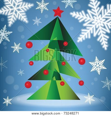 Green Christmas Fir Tree In The Forest Under The Snowfall.