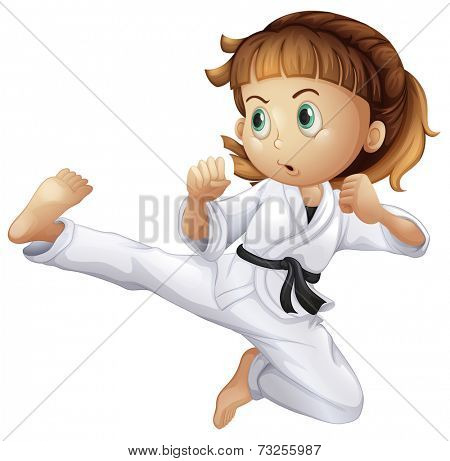 Illustration of a brave young girl doing karate on a white background