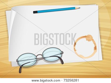 Illustration of an empty bondpaper with a pencil, an eyeglass and a coffee stain