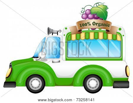 Illustration of a green vehicle selling organic fruits on a white background