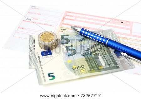 Euro Bank Transfer With  Money, Slip, Pen