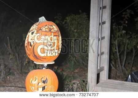 LOS ANGELES - OCT 4:  Candy Crush Carved Pumpkin at the RISE of the Jack O'Lanterns at Descanso Gardens on October 4, 2014 in La Canada Flintridge, CA