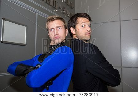 MOSCOW, RUSSIA, October 4: Actor Misha Collins and Comic Con attendee poses in the costume during Comic Con 2014 at The Crocus Center on October 4, 2014 in Moscow, Russia.