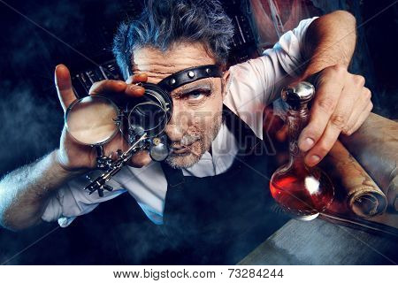 Portrait of a crazy medieval scientist working in his laboratory. Alchemist. Halloween.